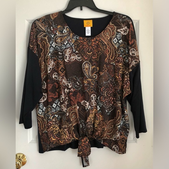 RUBY RD. WOMEN'S TOP WOMEN'S SIZE XL PAISLEY TIE FRONT KNIT 3/4 SLEEVES PULLOVER - Picture 6 of 8